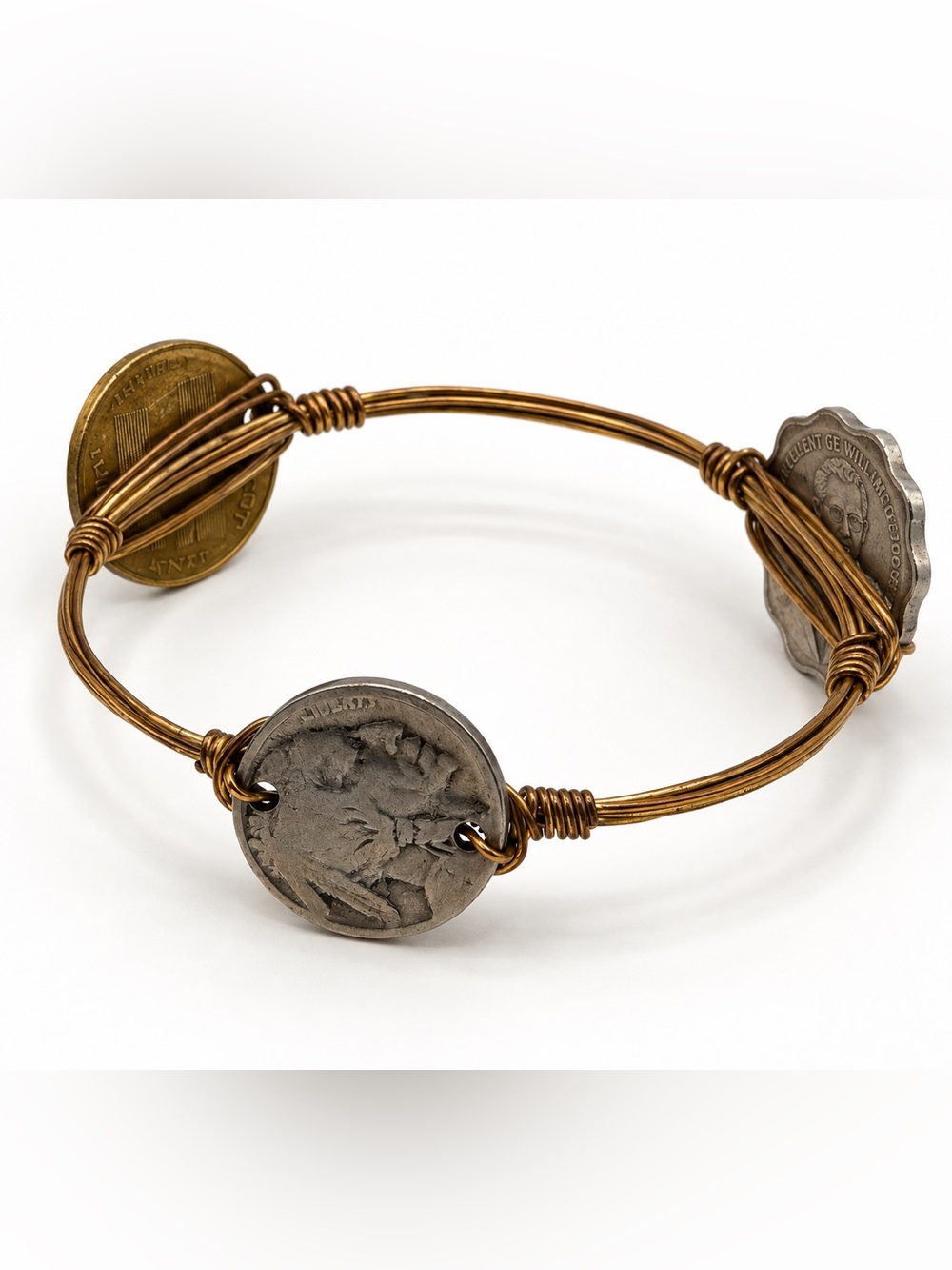 Vintage Mixed Metal Coin Bangle, Wire Wrapped Medallion Bracelet, George William